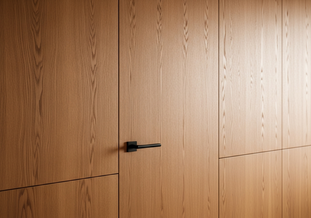 warm oak wall with flush door