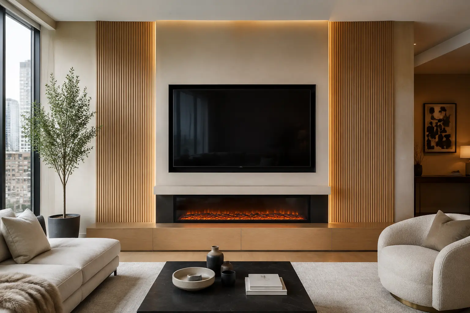 PartWall media wall with integrated television and linear electric fireplace