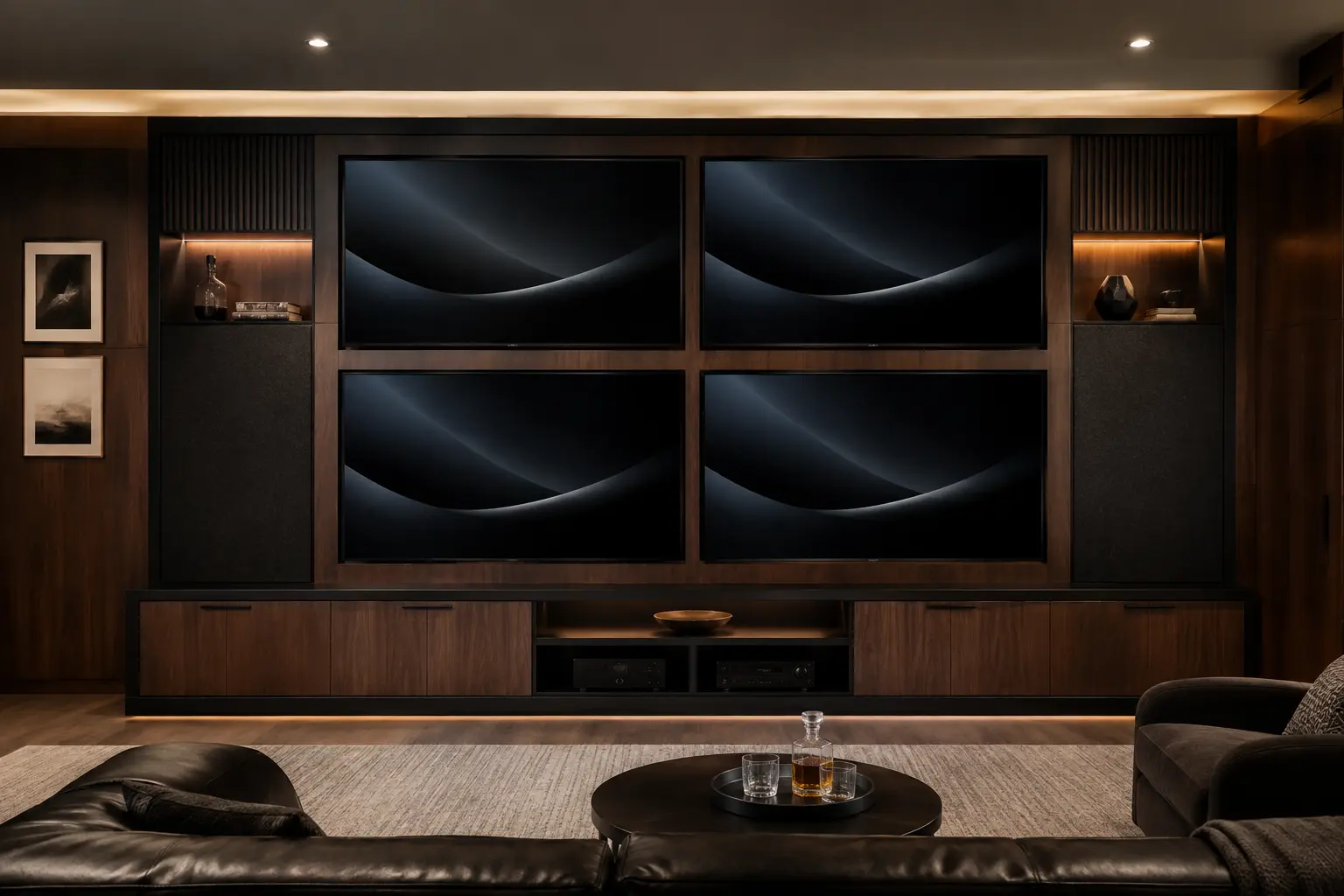 PartWall four-screen sports media wall with concealed wiring and equipment storage
